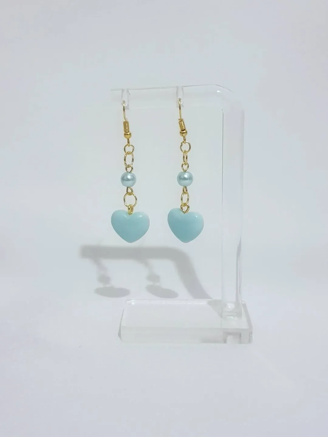 Handmade Gold Baby Blue Dangle Beaded Earrings made with Resin Hearts and Pearl Beads . Cute, Princess Wear, Cosplay