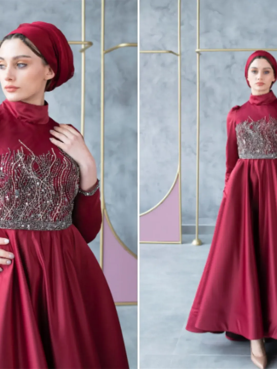 AHUNARE HIJAB - Pera Burgundy Satin Embroidered Tailed  Wedding Dress, Muslim Evening Gown,  Islamic Wedding, Engagement, Bridesmaid,
