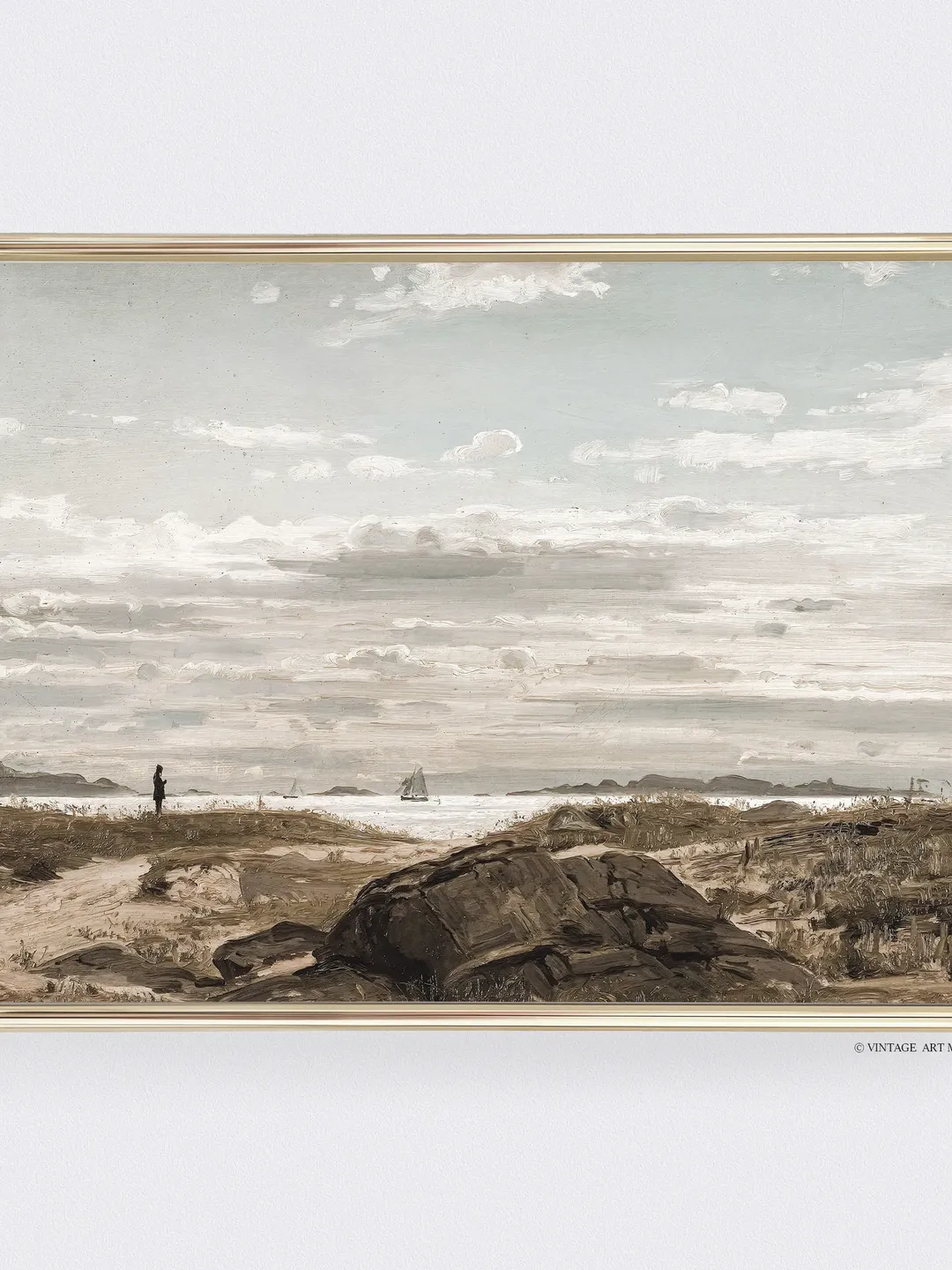 Beach Antique Painting, Vintage Coastal Art Print, Pastel Muted Wall Decor, Printable Downloadable | 396