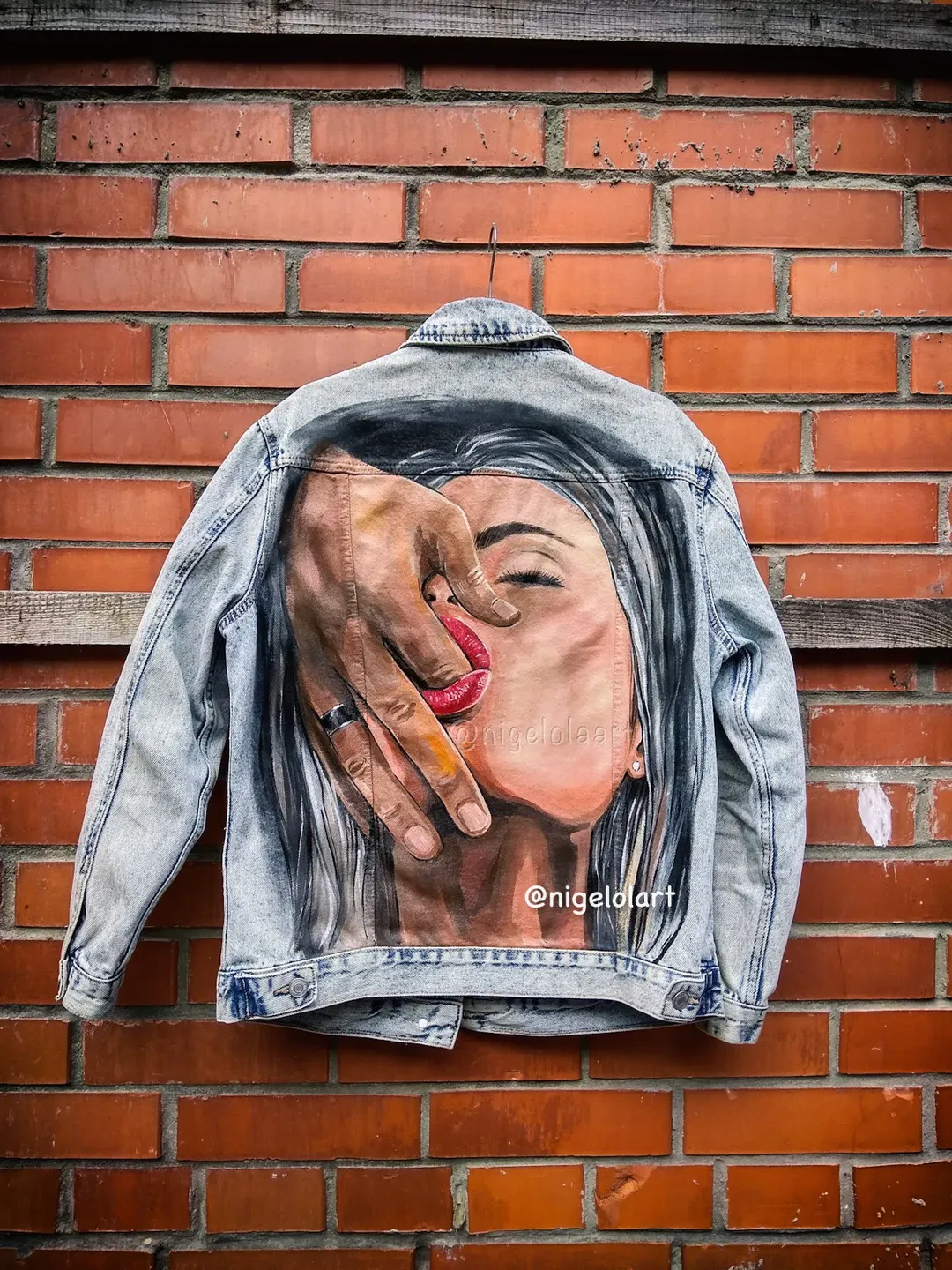 Painted denim jacket, handmade jacket, custom jacket, bullet lips  painted jean jackets, sexy jean jacket blue jeans