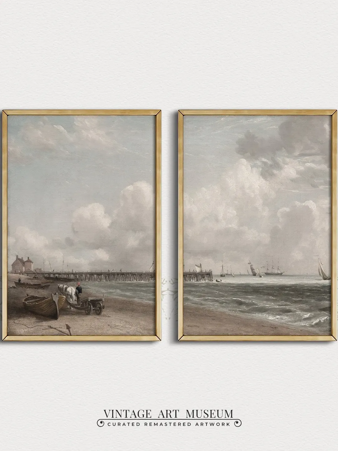Antique Oil Painting Coastal Wall Art Set of 2, PRINTABLE Vintage, Muted Beach Home Decor, Digital | #148 S2