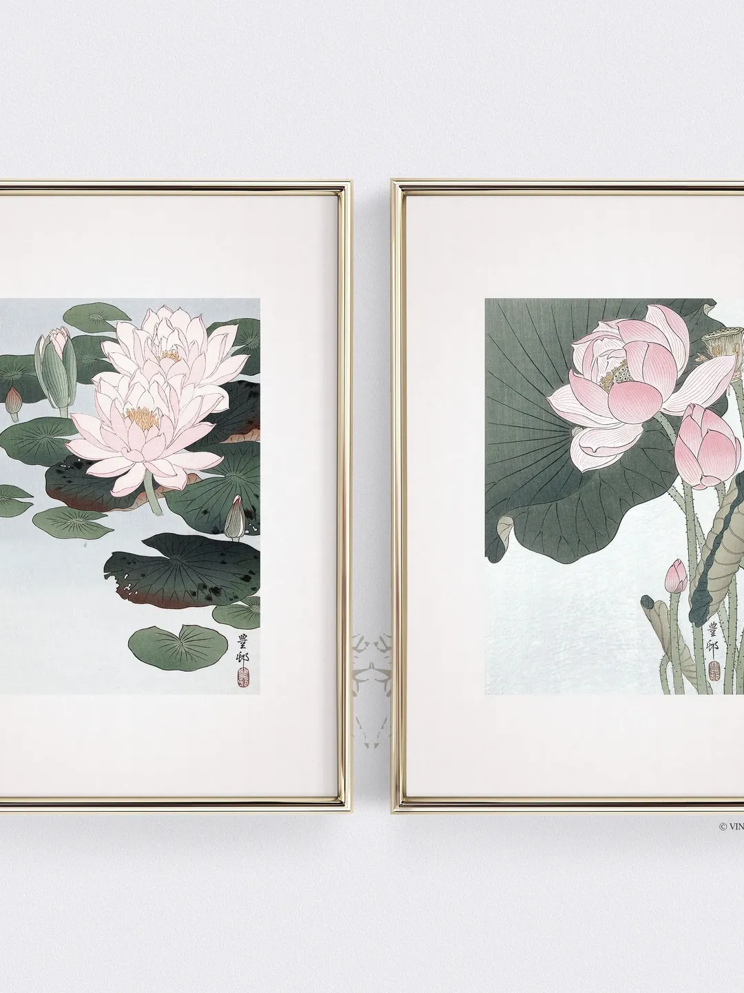Diptych Painting Japanese Art Vintage Prints, Lotus Watercolor set of 2, Printable Wall Decor Digital | 97 S2