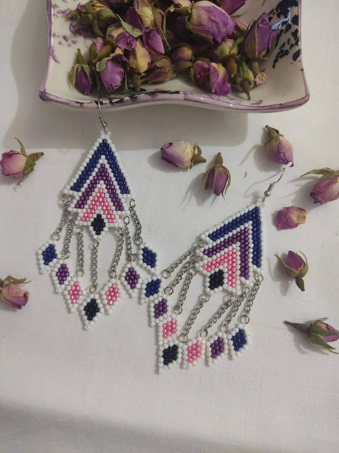 Lotus Fringe Earrings, Beaded Earrings, White Gold, Chandelier Earrings, Statement earrings,Gift For Her, Seed Bead earring