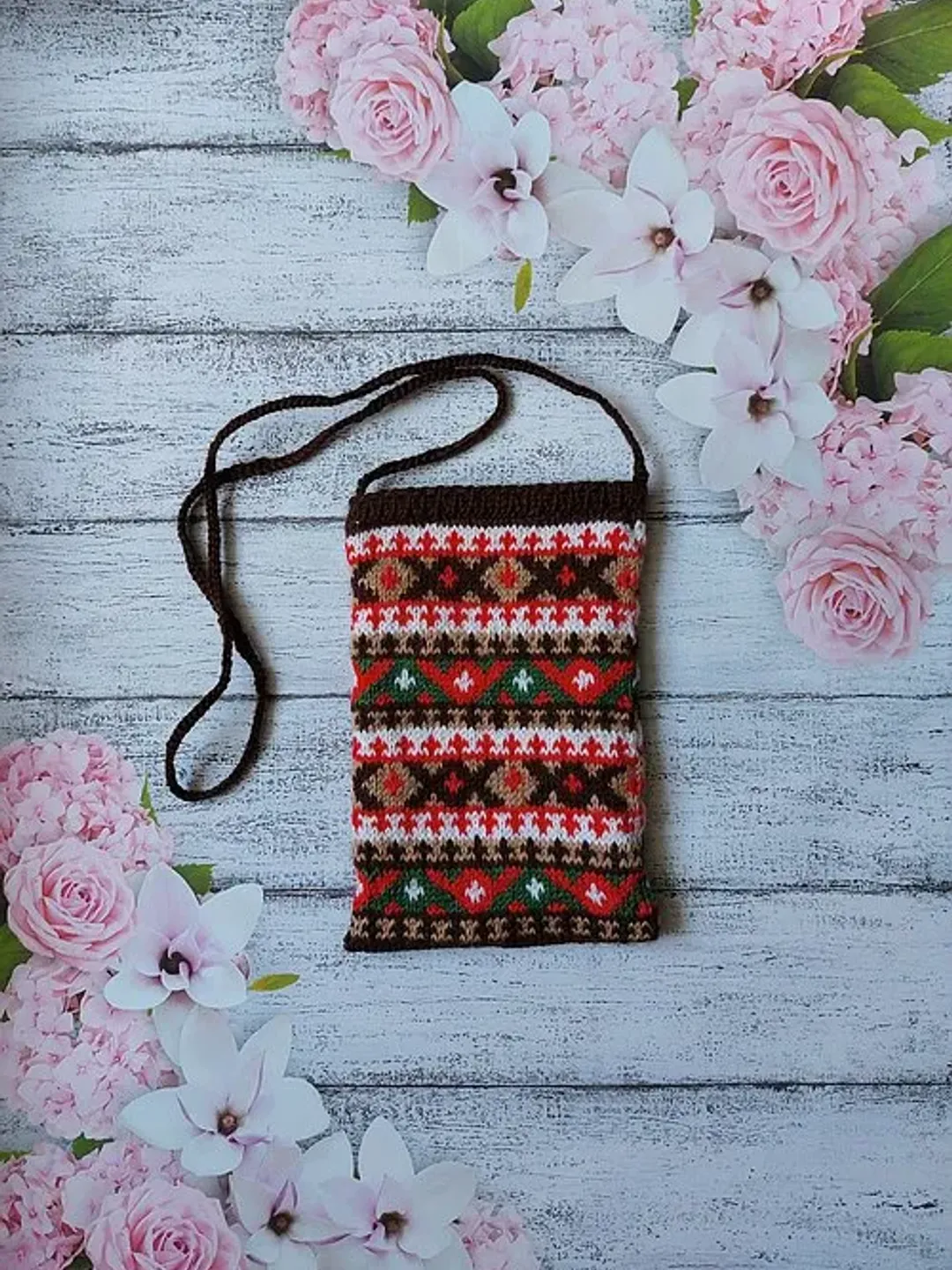 Knitted Purple Phone or Document Case with Jacquard Pattern, Neck Bag