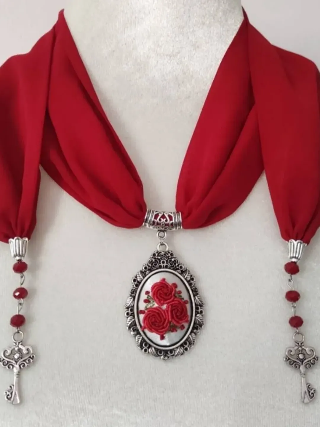 Vintage Embroidery pendant, rococo red rose  embroidery necklace, Pendant necklaces, Handmade jewelry, Gift for women, Aesthetic necklace