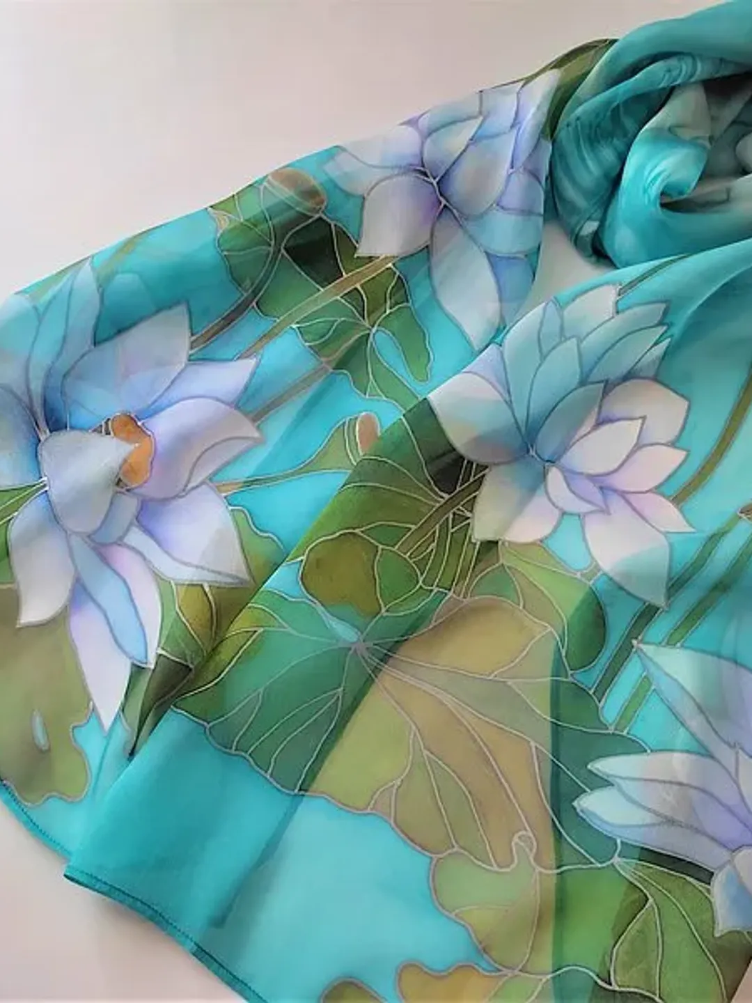 絲巾 Hand-painted silk scarf Floral silk teal blue scarf Lotus silk scarves