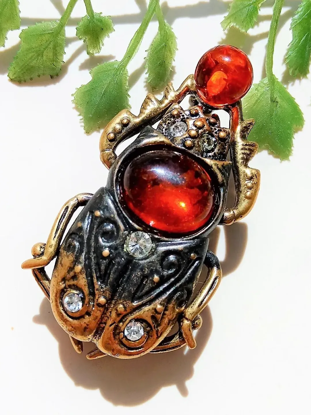 Scarab Beetle Brooch Brass Amber Egyptian Amulet Bug jewelry insect brooch Holiday Unusual gift women men jewelry