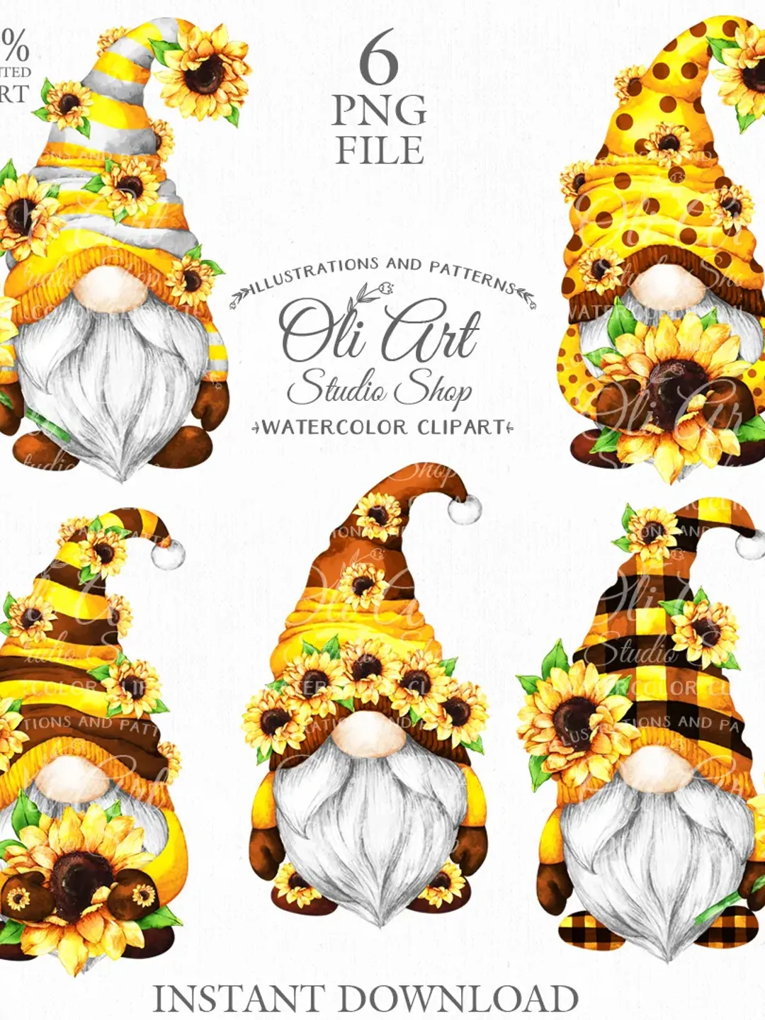 Sunflower Gnome Clip Art. Cute Characters, Hand Drawn graphics. Digital Download. OliArtStudioShop