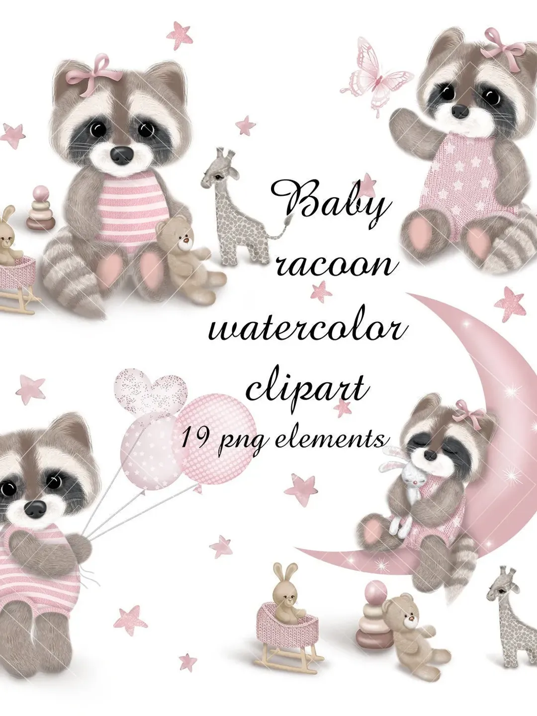 baby girl racoon watercolor png clipart, cute racoon, nursery wall art, printable picture, doodle watercolor, kids clipart, sleeping animal