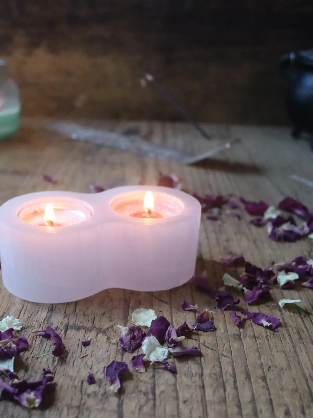 Selenite Twin Tea Lite Spell, Candle Holder with Tea Lites, True Love Spell, Selenite Candle Spell, Love Spell, Candle Magick