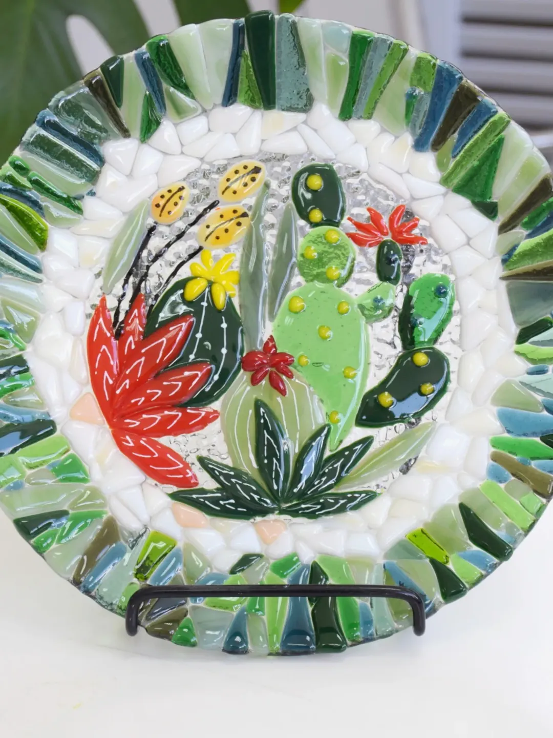 Succulents decorative green platter - cactus fused glass dish - glass planter plates