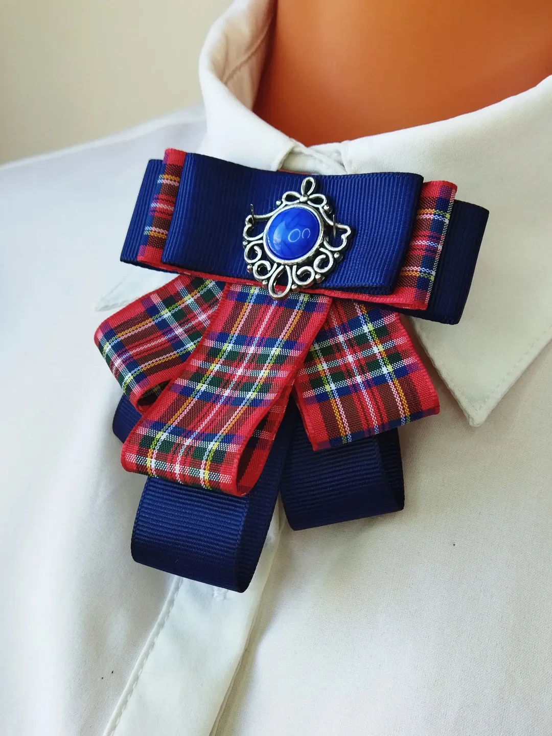 Blue red collar bow brooch Plaid bow tie pin Neck bow for women Large neck brooch