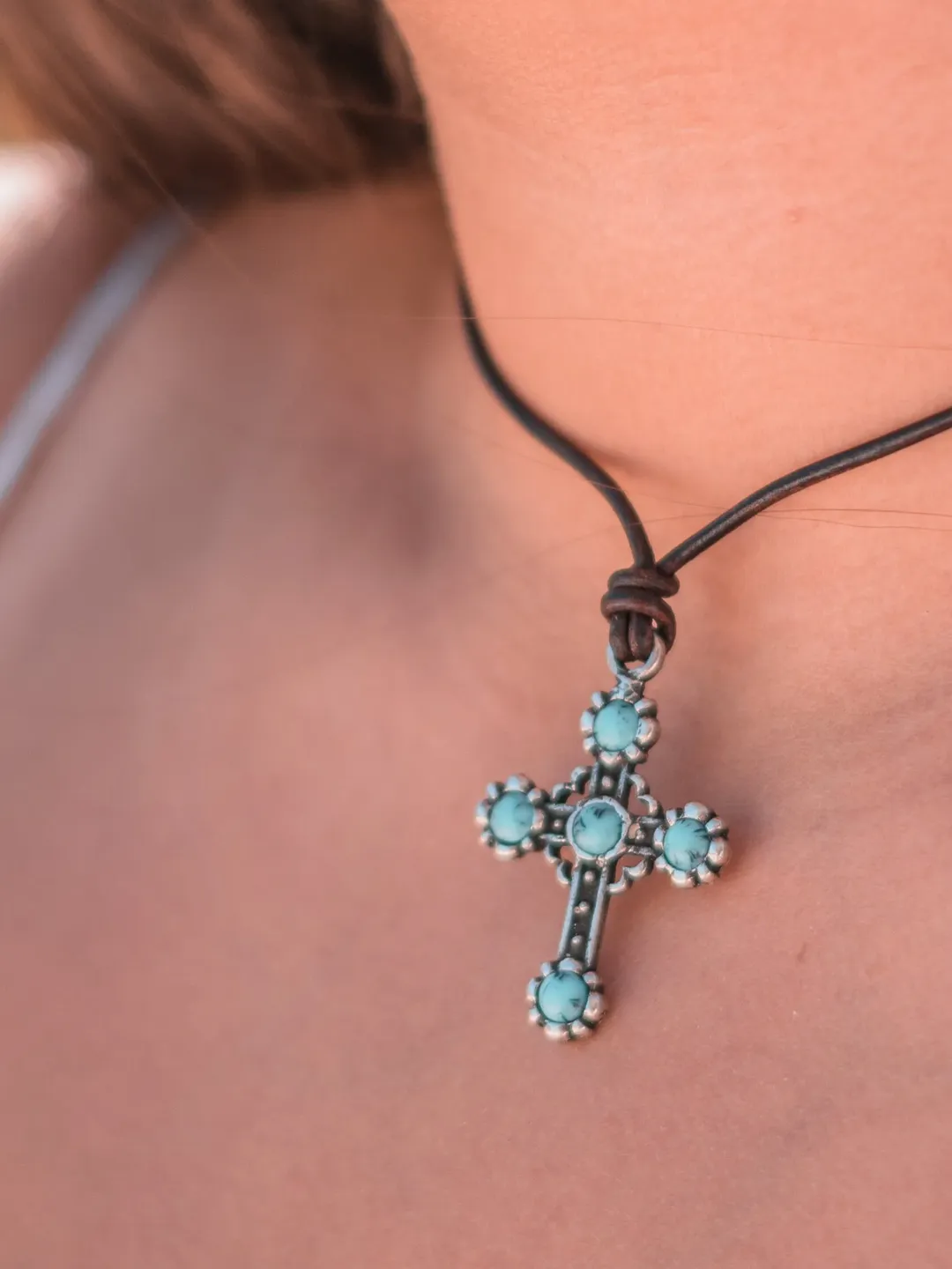 Christian Gift, Cross Necklace for Her, Bohemian Silver Cross Pendant, Dainty Boho Leather Necklace, Turquoise Gemstone Healing Jewelry