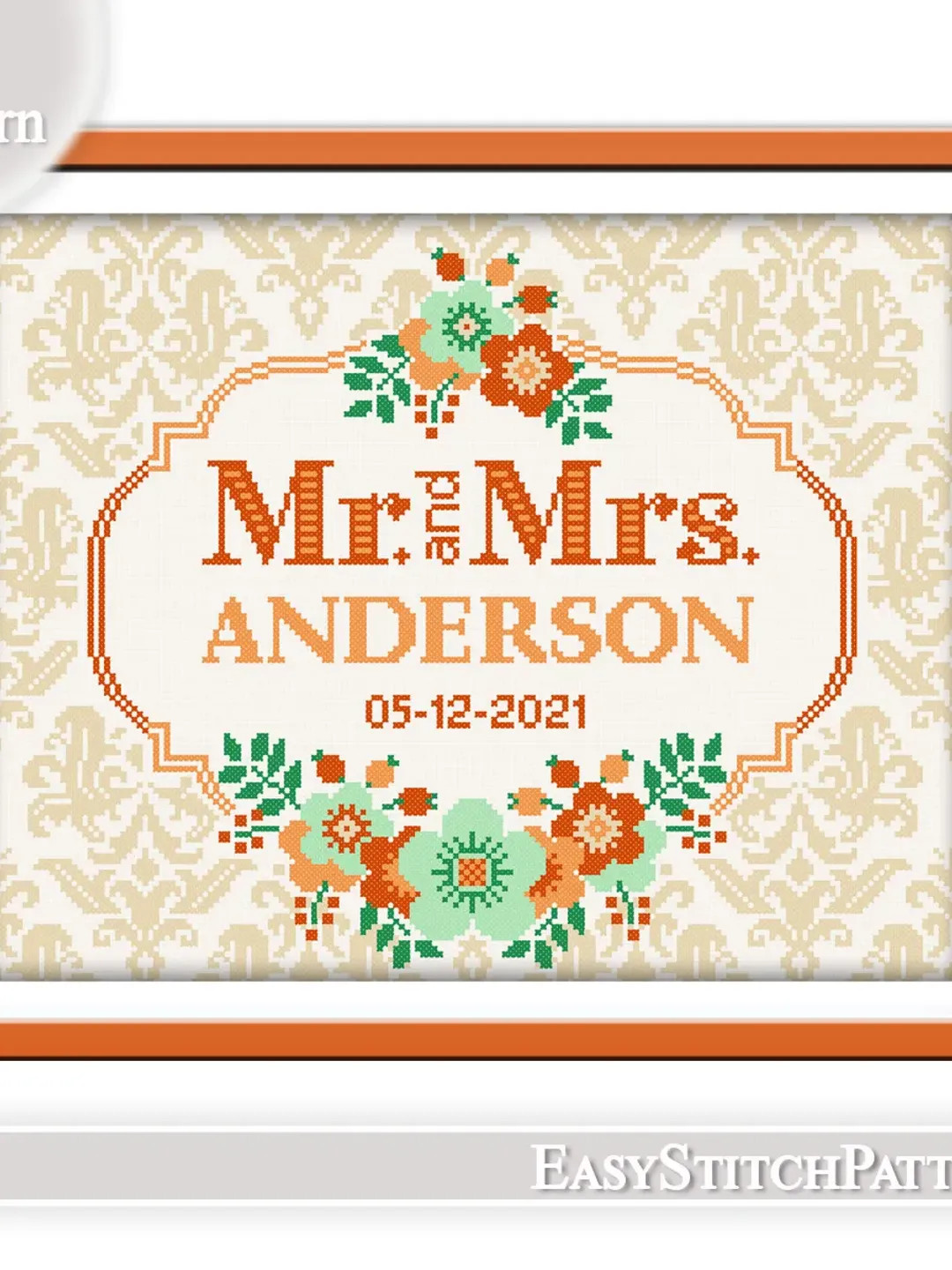 DIY. Wedding cross stitch pattern. Flower Frame cross stitch. Border cross stitch pattern.