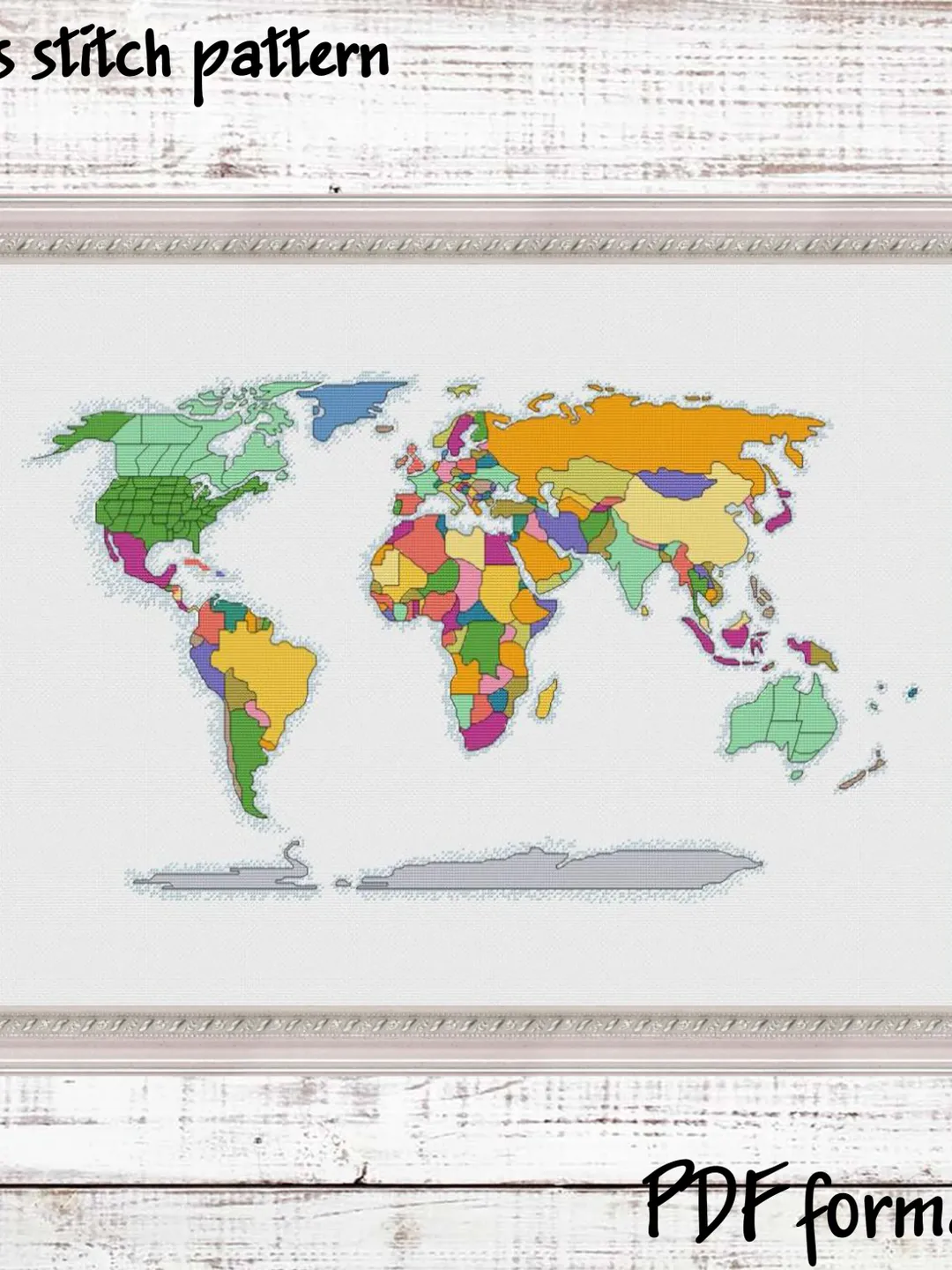 Geometric World map cross stitch PDF pattern, Purple embroidery ...
