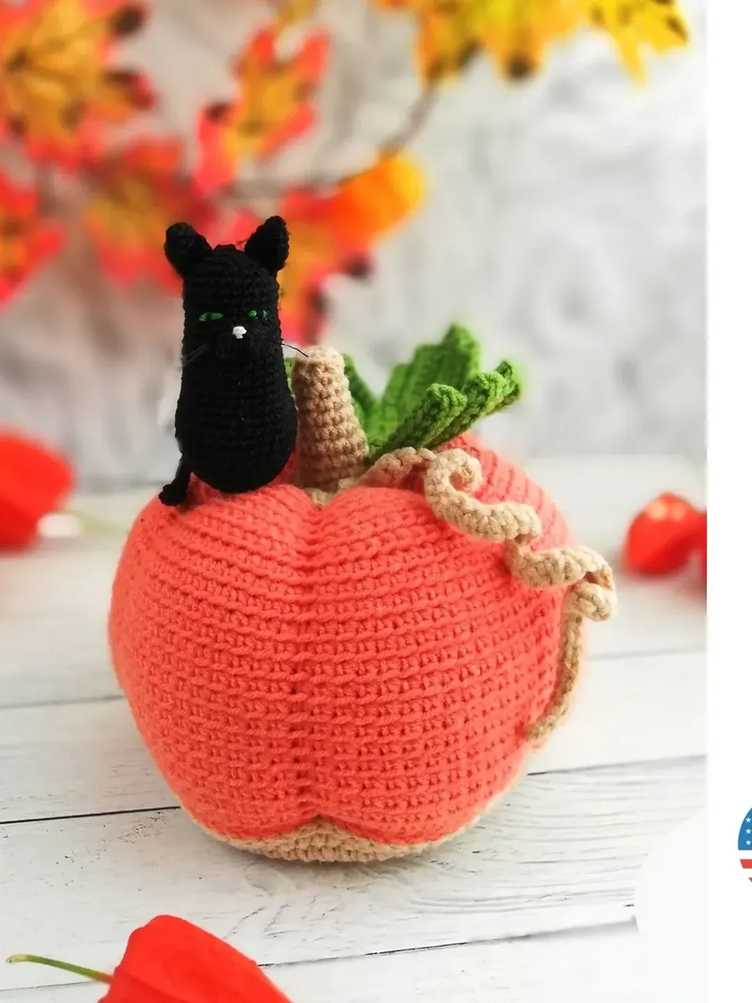 Crochet Halloween toy pattern, amigurumi cute pumpkin with mini black cat, DIY Halloween crocheted decor, PDF pattern