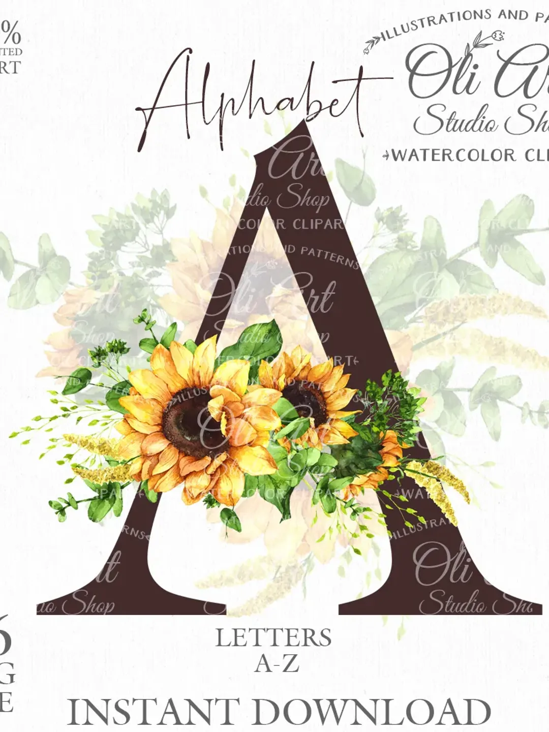 Alphabet Clip Art. Sunflowers Flowers. Letters Clip Art. Hand Drawn graphics. Digital Download. OliArtStudioShop