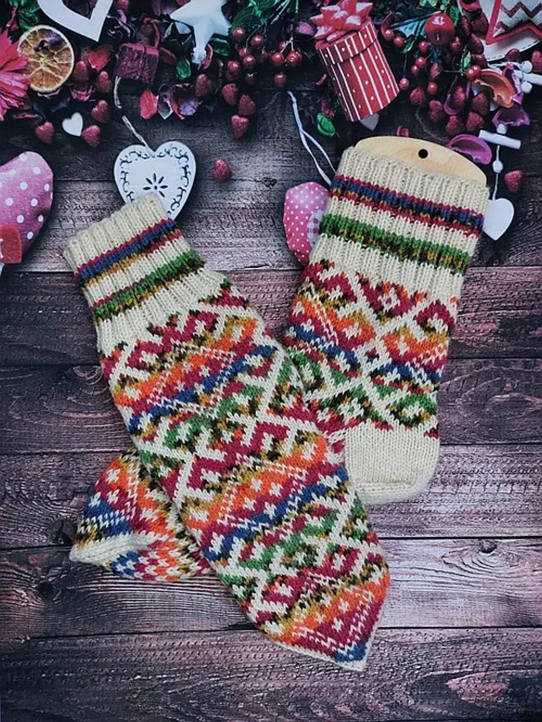 Women's Handmade Wool Socks with a Multicolored Pattern