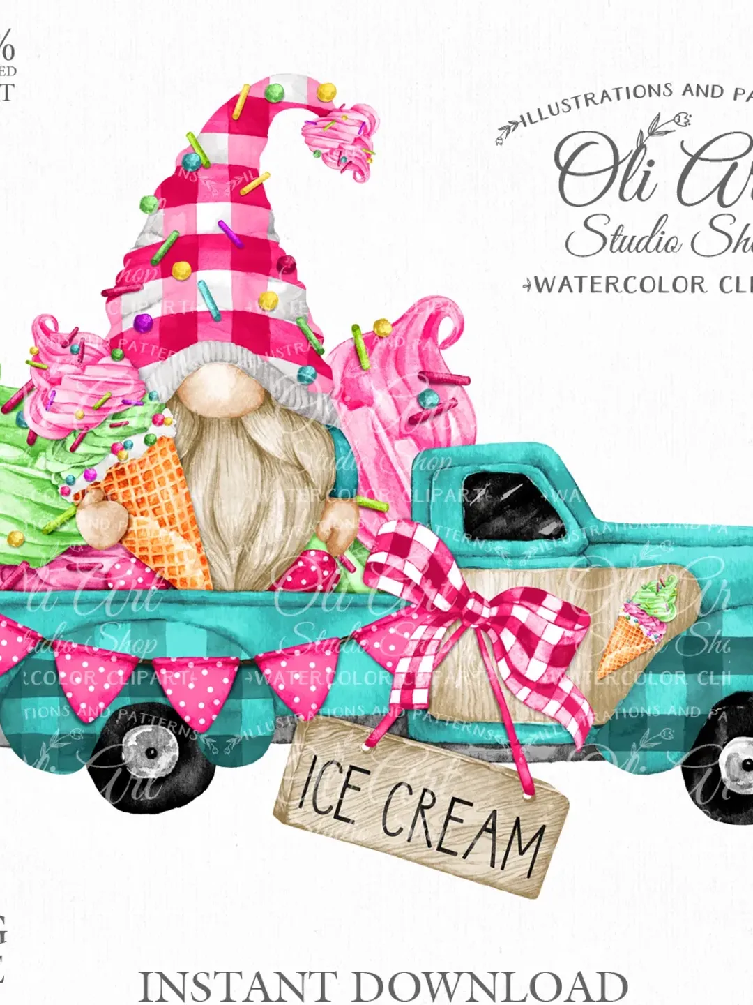 Ice Cream Truck, Gnome Clipart. Hand Drawn Graphics, Instant Download. Digital Download. OliArtStudioShop