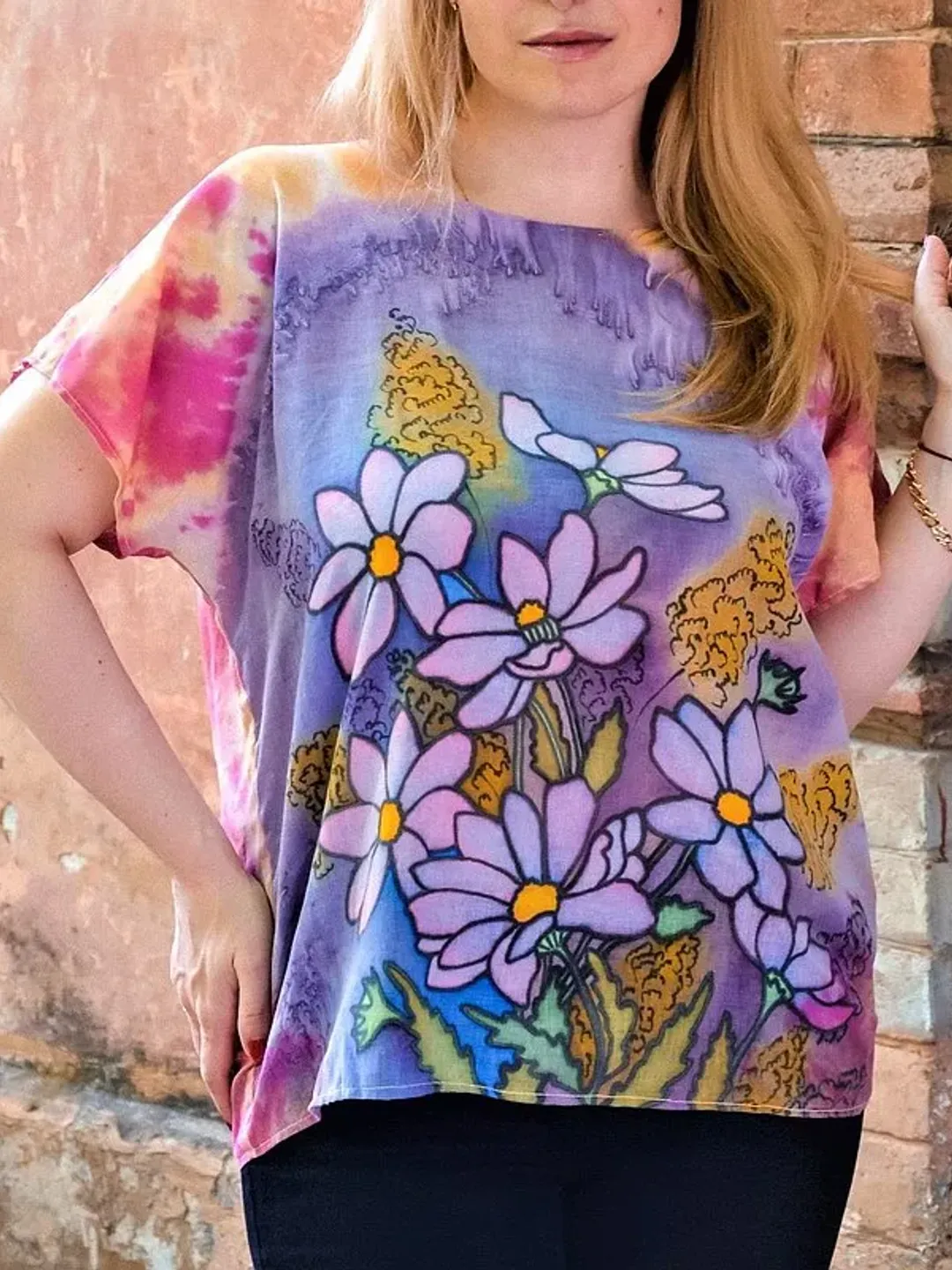 Hand painted t-shir, Oversized cotton blouse, Summer top women, Tunic clothing