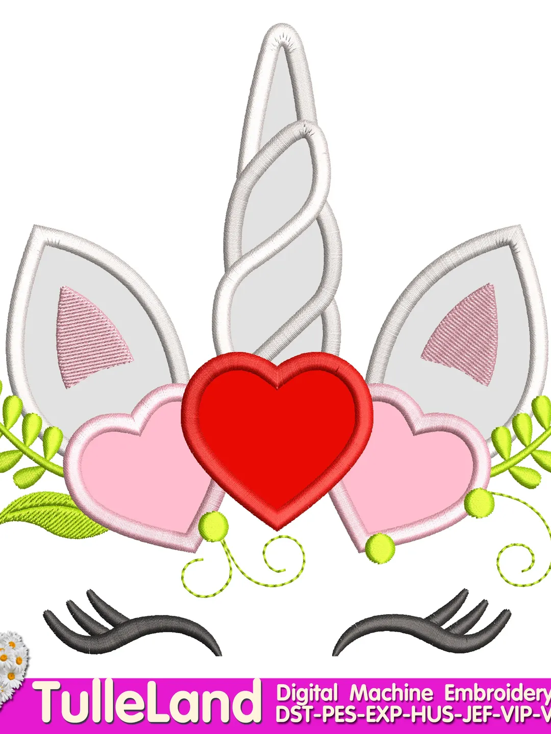 Cute Valentine Unicorn with Heart Design Applique for Machine Embroidery