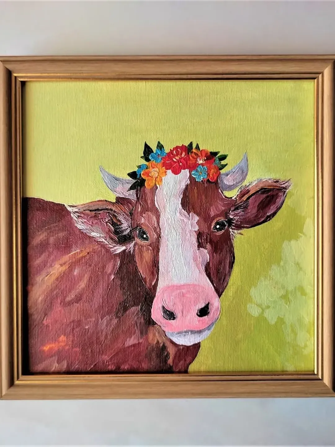 Cow painting on canvas, Acrylic framed art, Impasto paintings