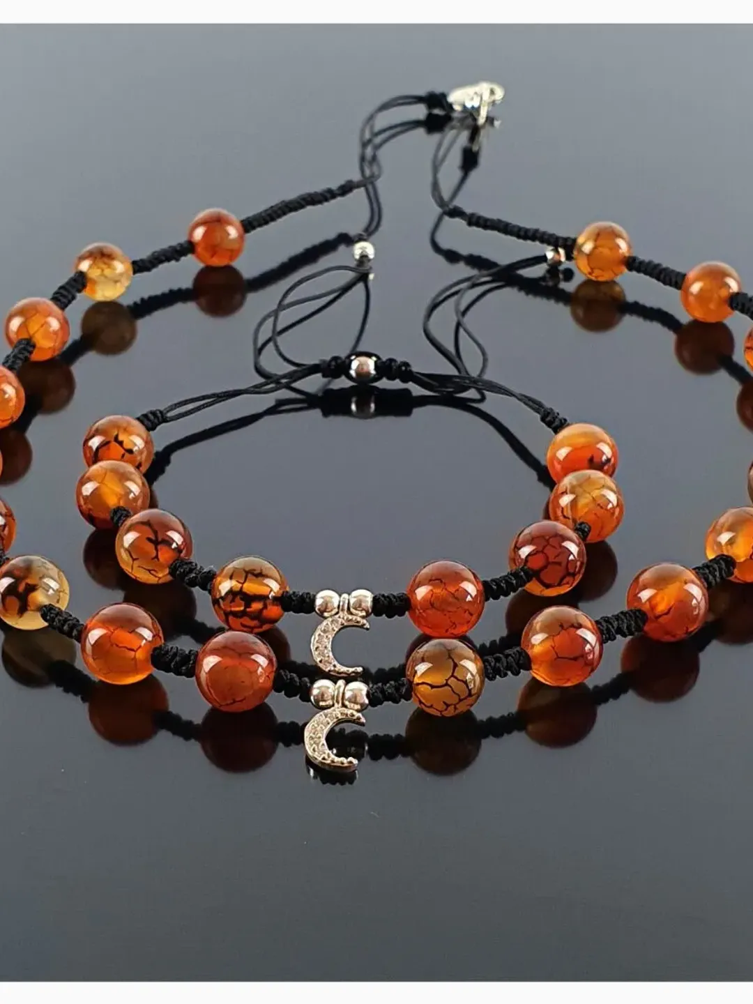 Spider Agate Necklace and Bracelet Set, Silver New Moon Pendant, 925 Sterling Silver, Halloween Jewelry, Gifts for Women, Dragon Vein Agate