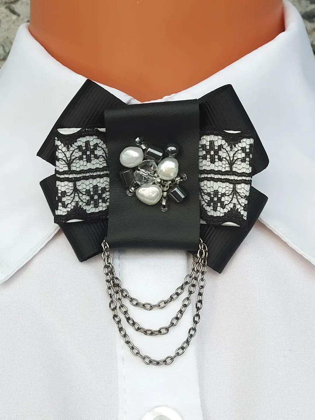 Goth bow tie brooch Black collar bow brooch Gothic bow tie pin with chain Victorian bow brooch
