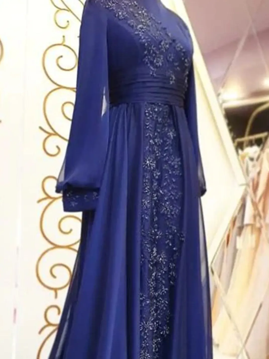 AHUNARE HIJAB - Elit Navy Blue Chiffon Tailed Wedding Dress, Muslim Evening Gown, Nikah, Islamic Wedding, Engagement, Bridesmaid,
