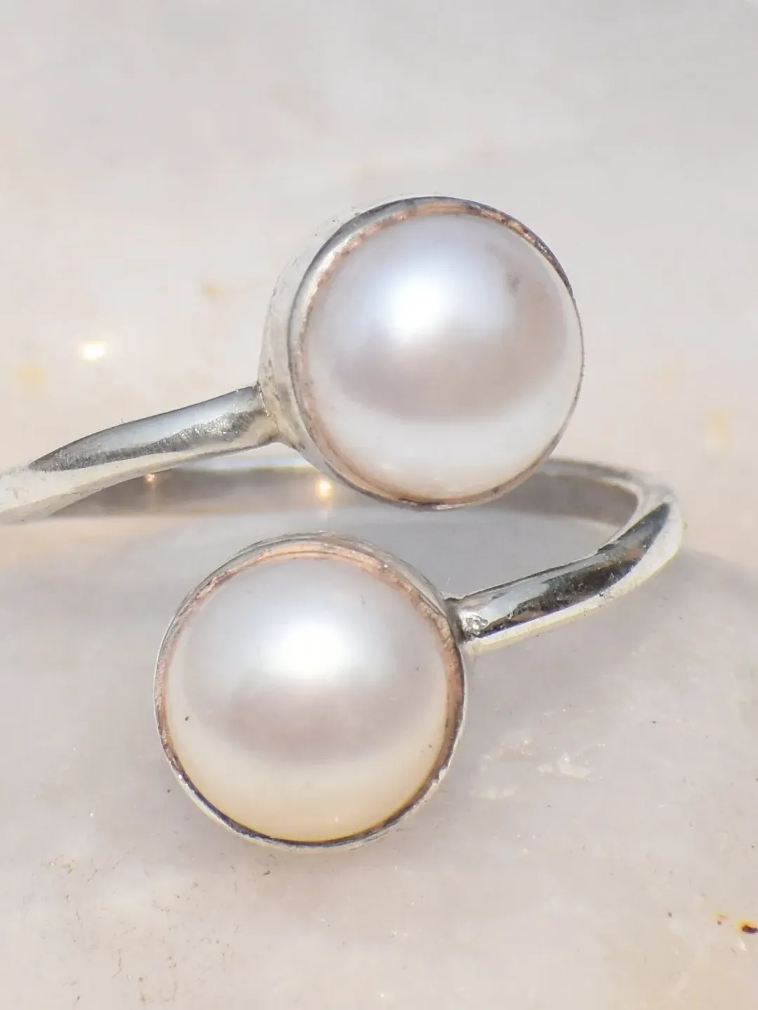 Double Pearl Ring, Adjustable Ring, Gemstone Ring, Handmade Ring, 925 Sterling Silver Ring, June Birthstone, Anniversary Gift, Gift For Her