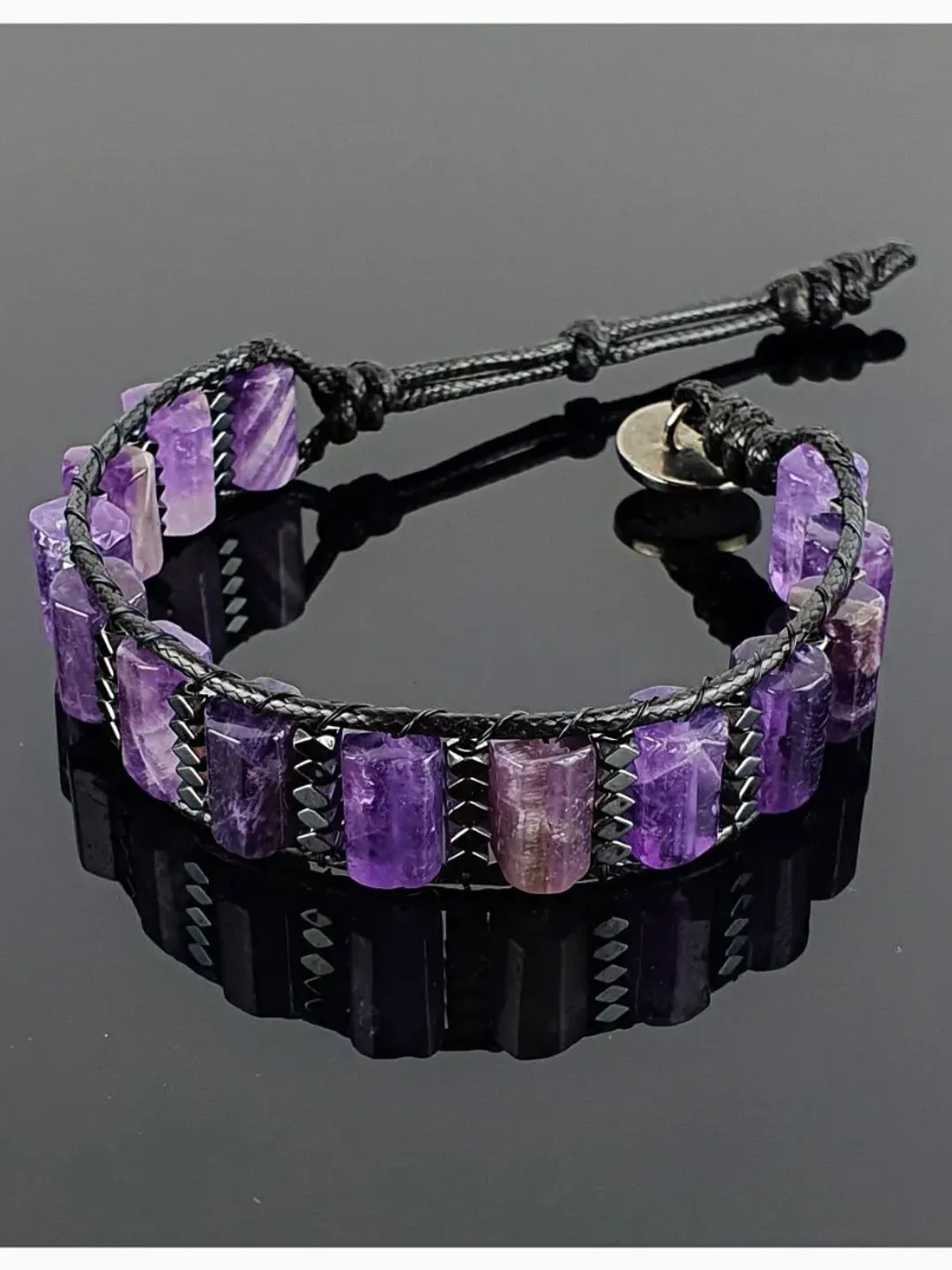 Masculine Amethyst Bracelet, Amethyst Jewelry, Hematite Gemstone, Gifts for Men, Women, Valentine's Present, Unique Design Accessory, Purple