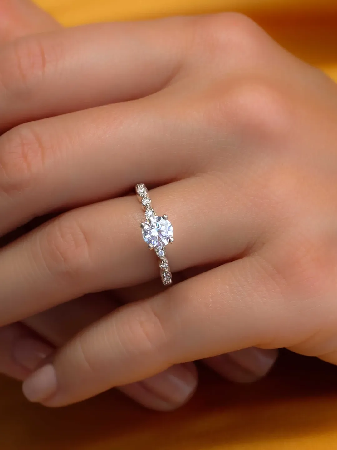 DAINTY DIAMOND RING | Round Cut Moissanite Diamond Ring Band | Modern Custom Wedding Rings | 14k Solid White Gold Ring For Anniversary