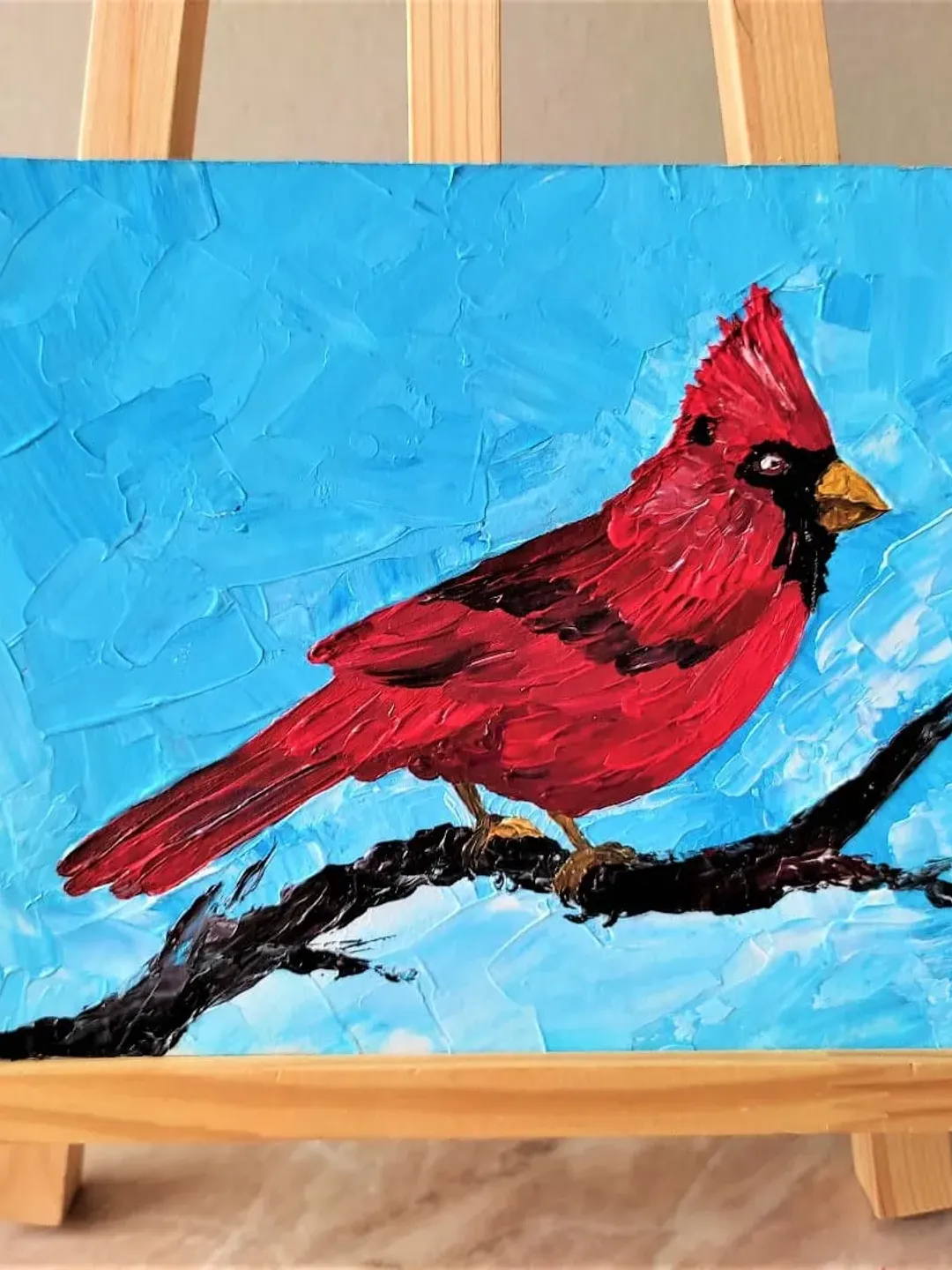 Red cardinal wall art, Textured acrylic painting, Bird painting framed art, Discount wall art