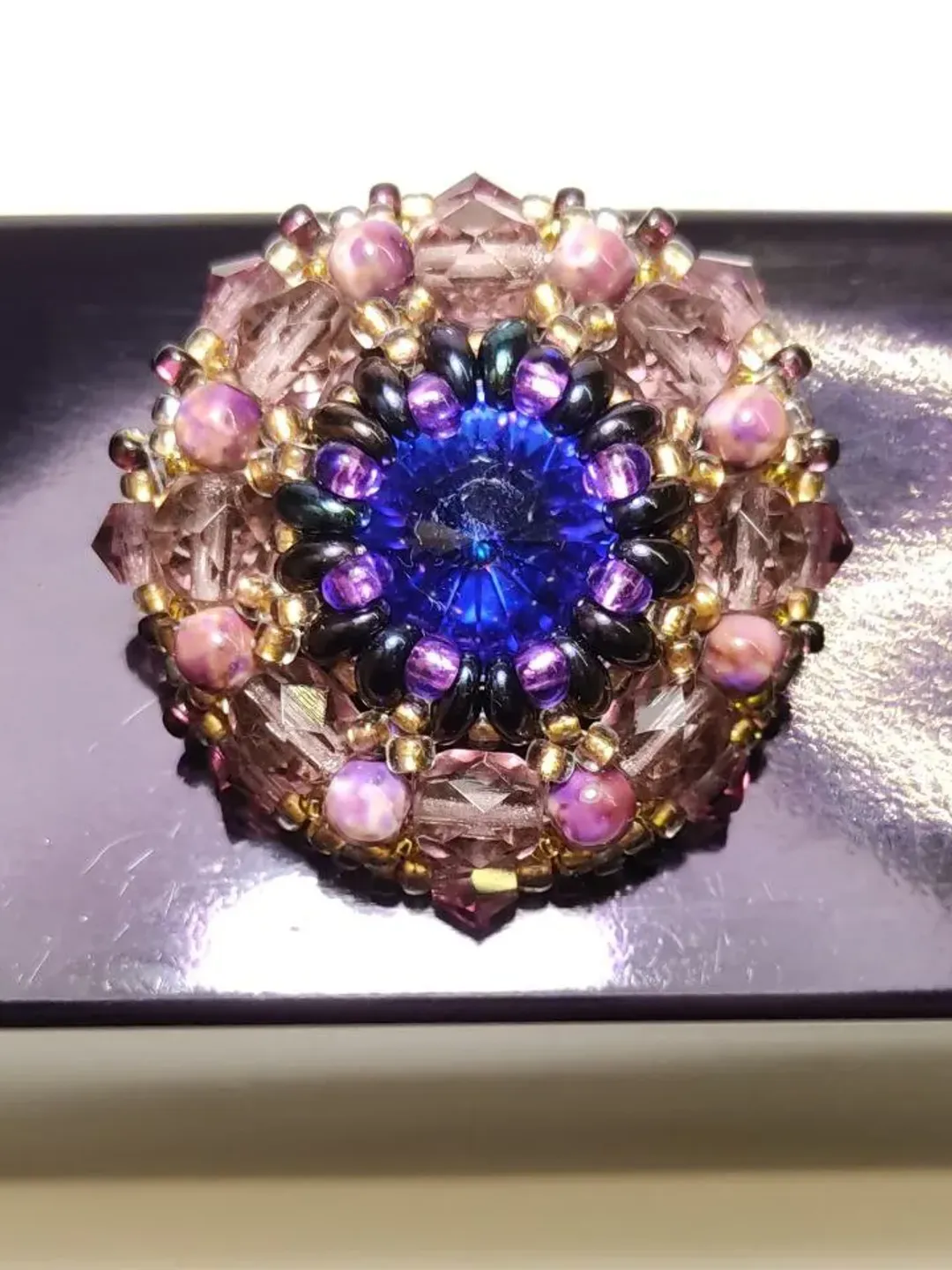 Purple Crystal Brooch Beaded Woven Openwork Statement Pin Lilac