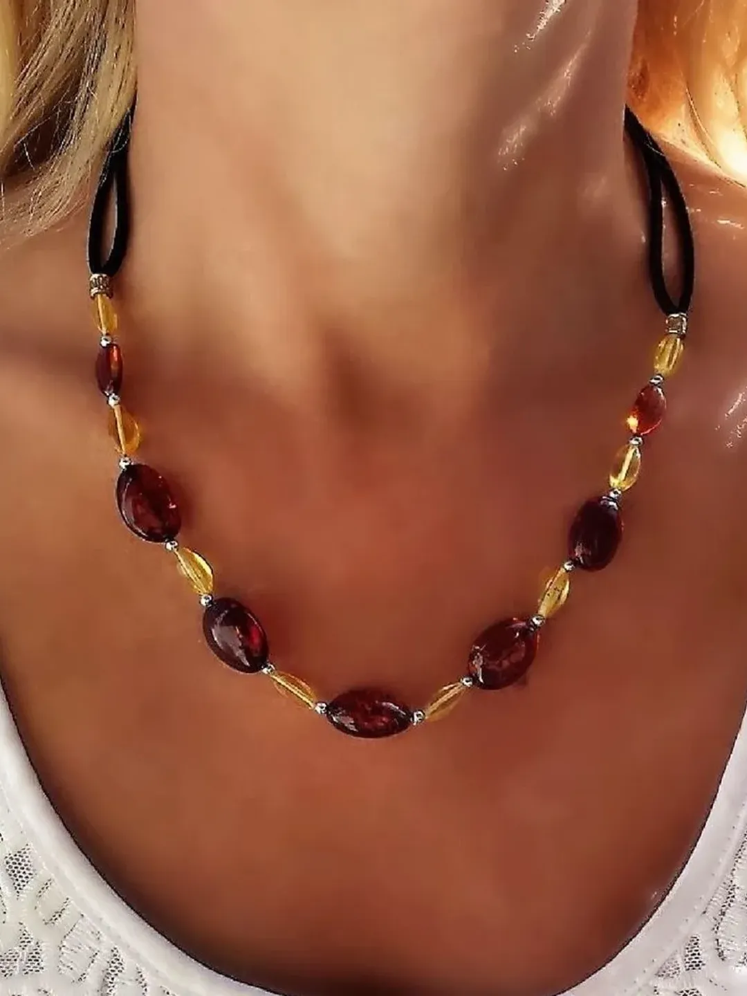 Baltic amber Choker necklace women's handmade gemstone jewelry beaded necklace on black suede cord birthday gift women