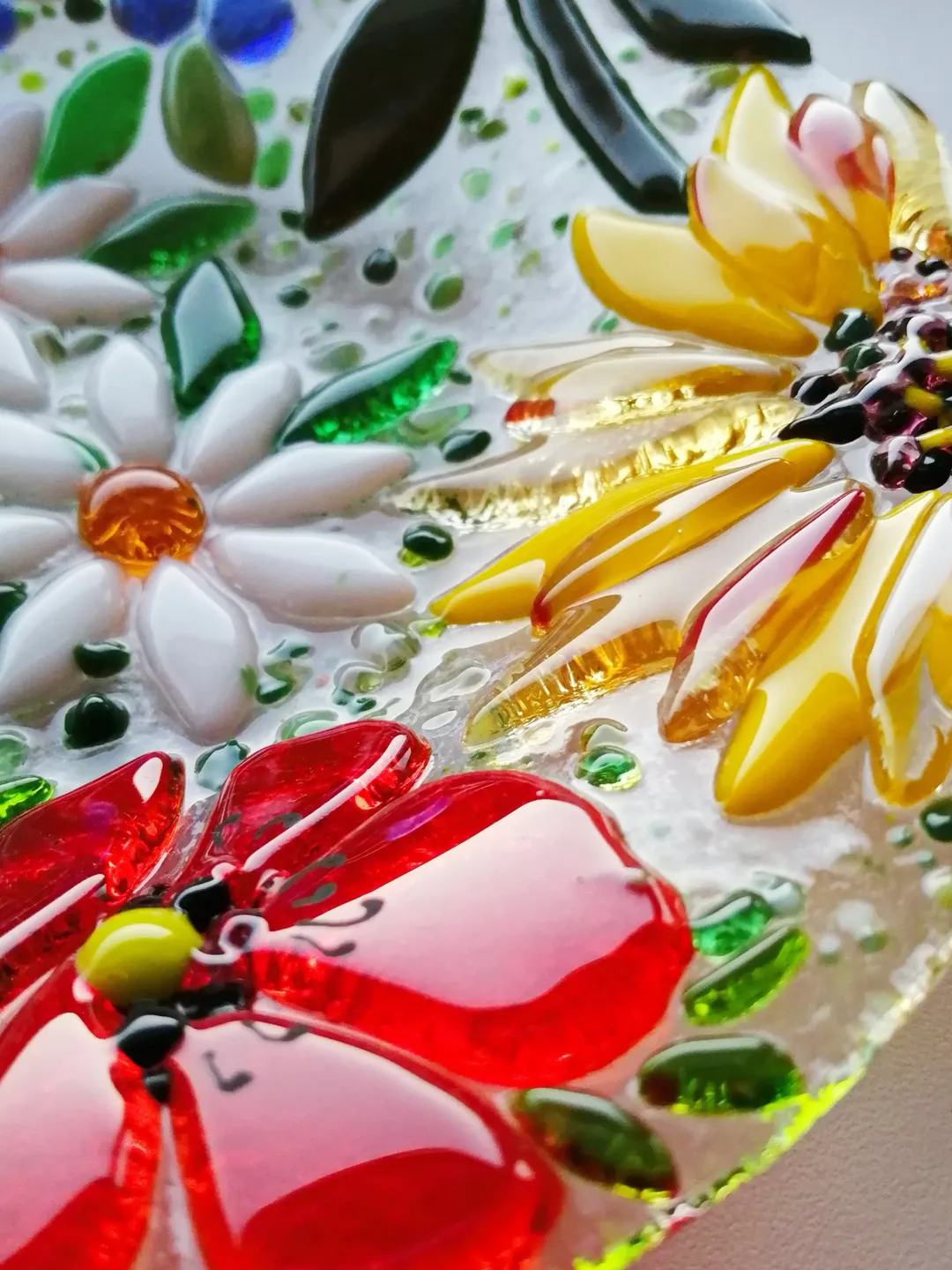 Set of 3 decorative fused glass plates with flowers - Summer theme
