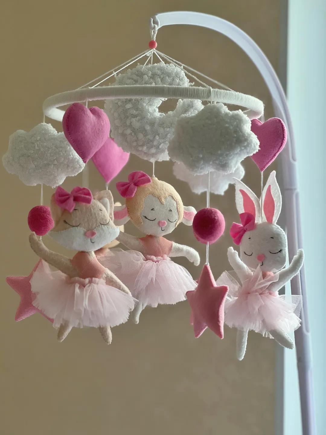 Ballerina animals mobile girl, pink mobile crib, Nursery mobile felt, Musical mobile cot, kid mobile crib
