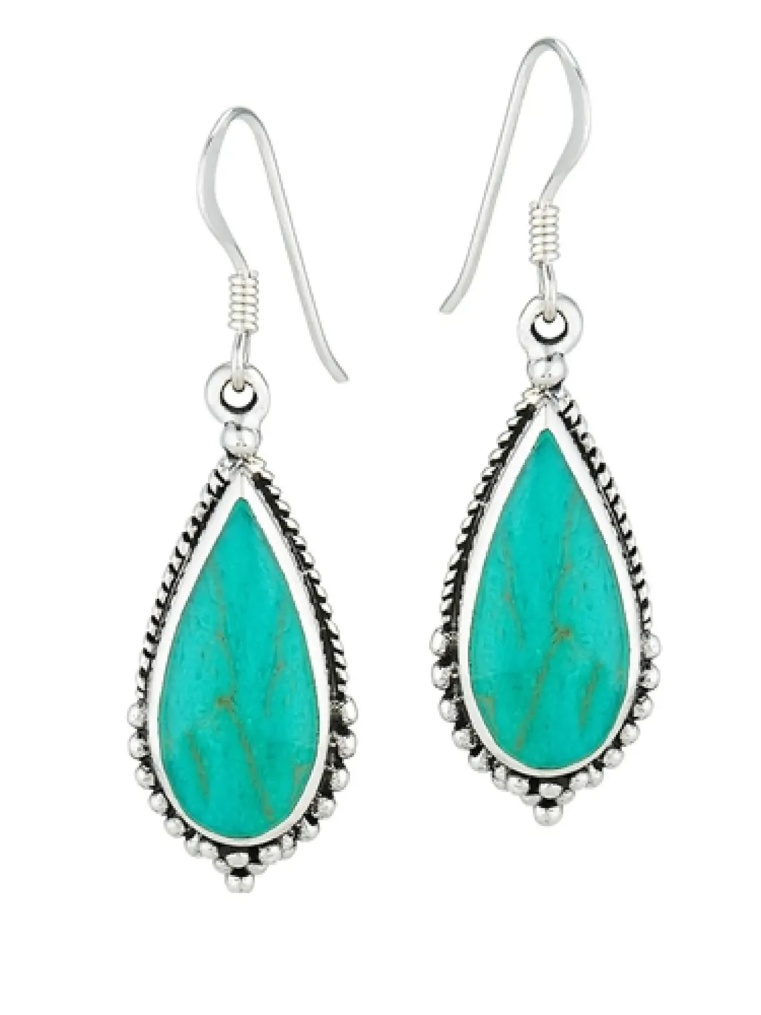 Turquoise Earrings, Sterling Silver Bali Style Granulated Drop Earring with Synthetic Turquoise