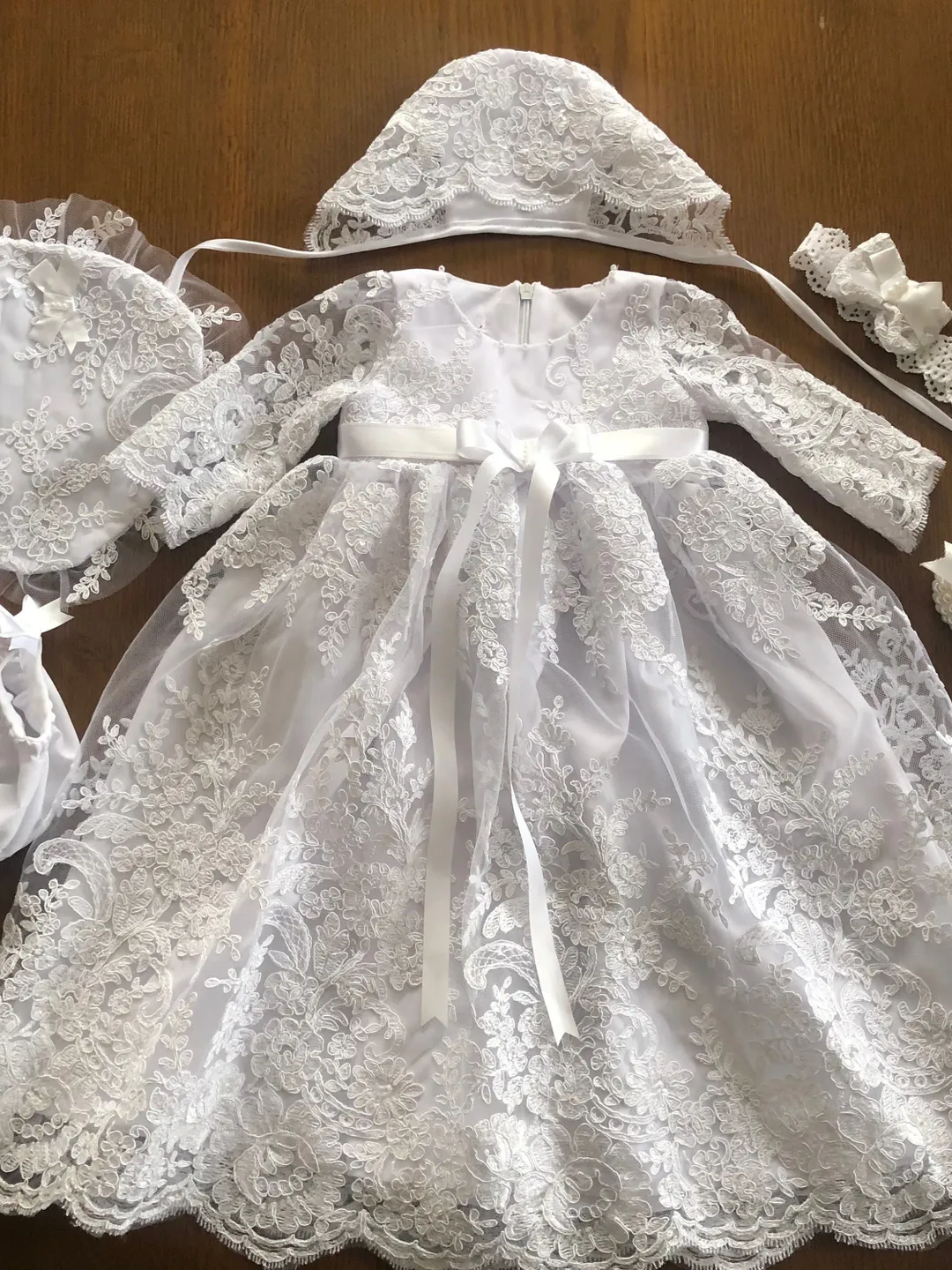 White dress with lace and sparkles, headband, bonnet, bib, panties and shoes for baby girl. Baptism outfit for girl. Christening gown .
