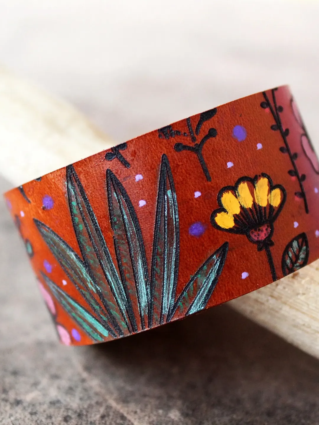 Colorful Botanical Leather Cuff,  Hand Painted Floral Leather, Gift for Gardener/Nature Lover, Unique Gift for Her, Waterproof Leather
