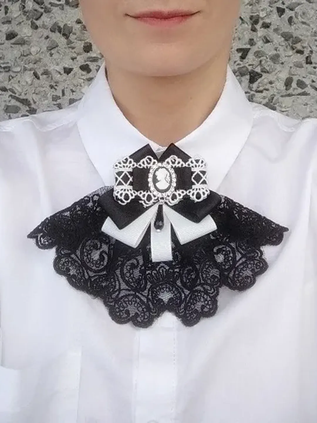 Victorian goth jabot black white Bow tie brooch with cameo for women