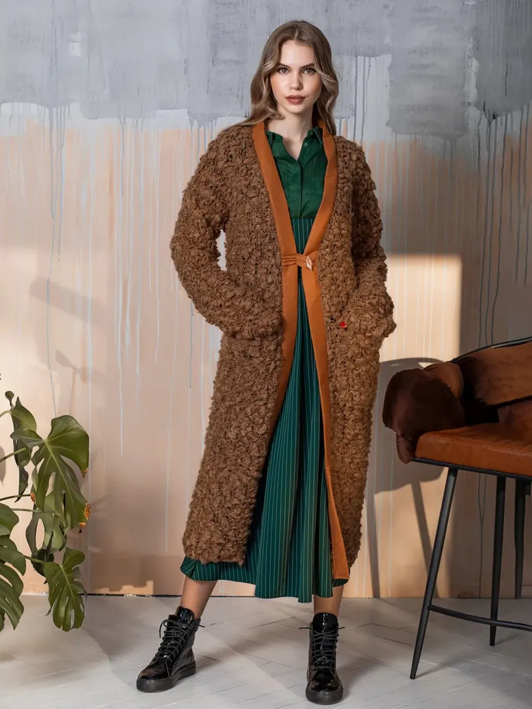 Hand knitted long cardigan. Knit brown mohair oversized coat. Handmade.