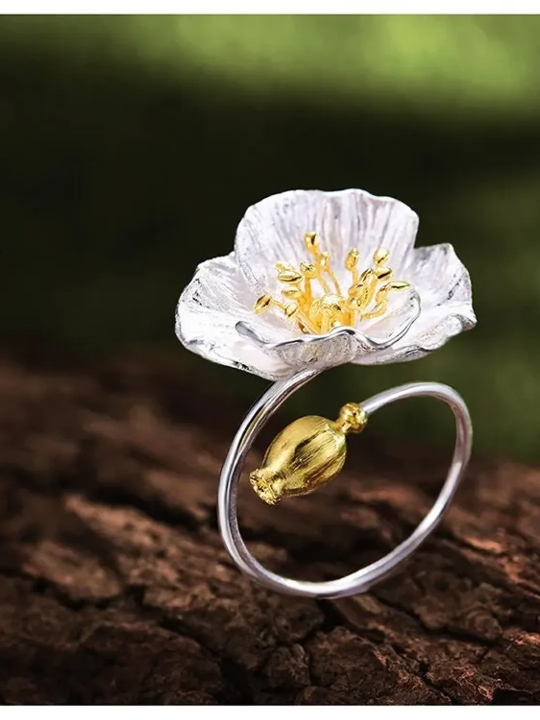 925 Silver Poppy Flower Ring, Poppy Ring, Silver Poppy Ring, Handmade Flower Ring, Silver Flower Ring, Resizable Flower Ring, Floral Ring