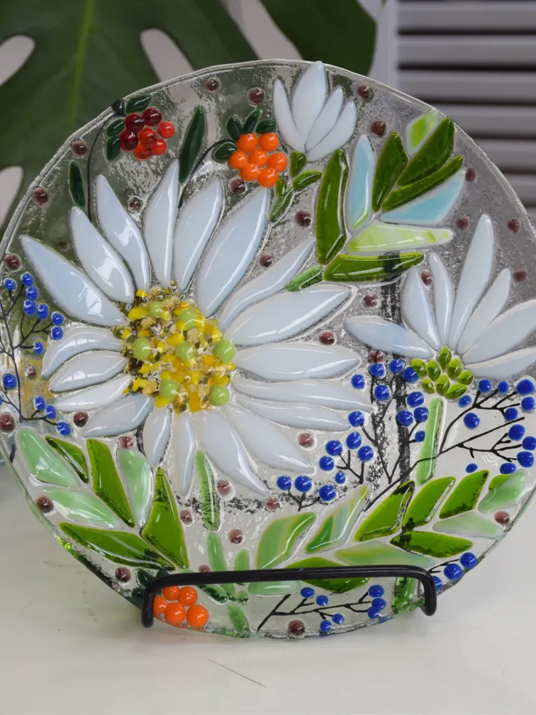 Fused glass candy dish with chamomiles - Fused glass art - Dessert plates with chamomiles