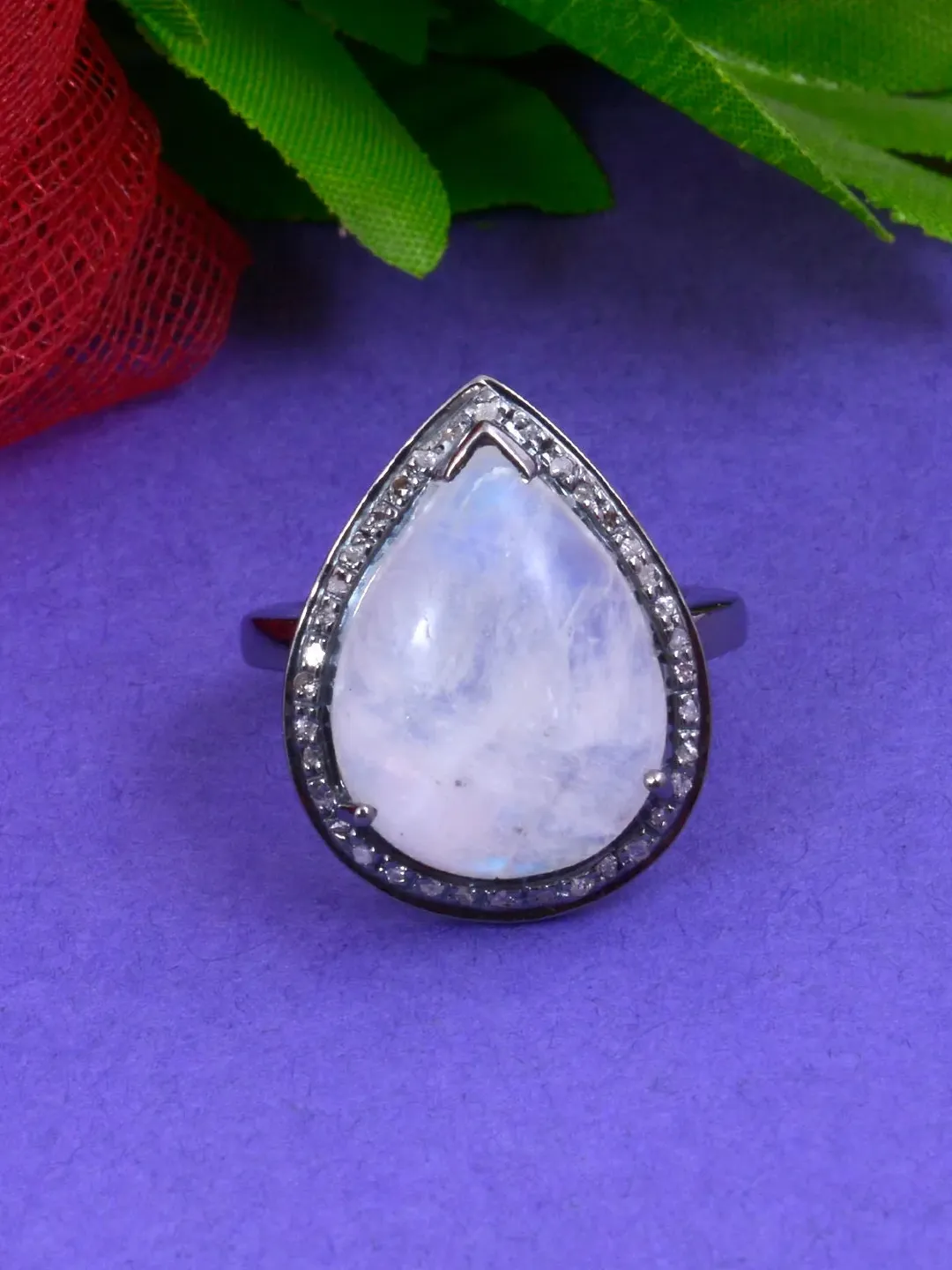 Pave Diamond Moonstone Ring, Victorian Ring, Art Deco Ring, Moonstone Jewelry, Sterling Silver Ring, Cocktail Ring, Pear Shaped Ring
