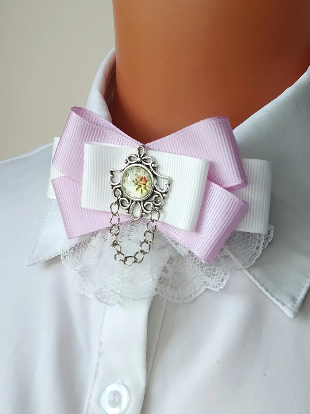 Lilac white bow tie brooch Collar bow brooch Lace bow tie pin with ...
