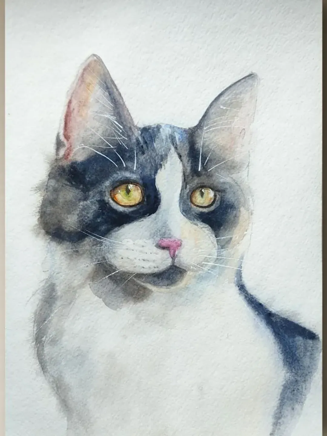 Cat painting white kitty artwork original watercolor art pet portrate white spotted cat