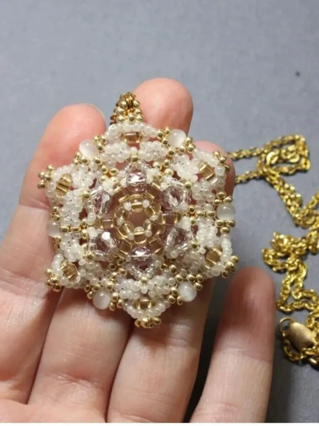 Snowflake Necklace Seed Bead Pendant Beaded Snowflake Beadwork Jewelry pendant on chain white pendant
