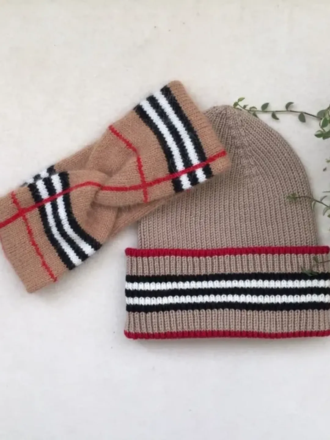 Headband and Hat Burberry style for Women, Hat for women, knitted set hat and headband, beige hat, striped hat, gift t