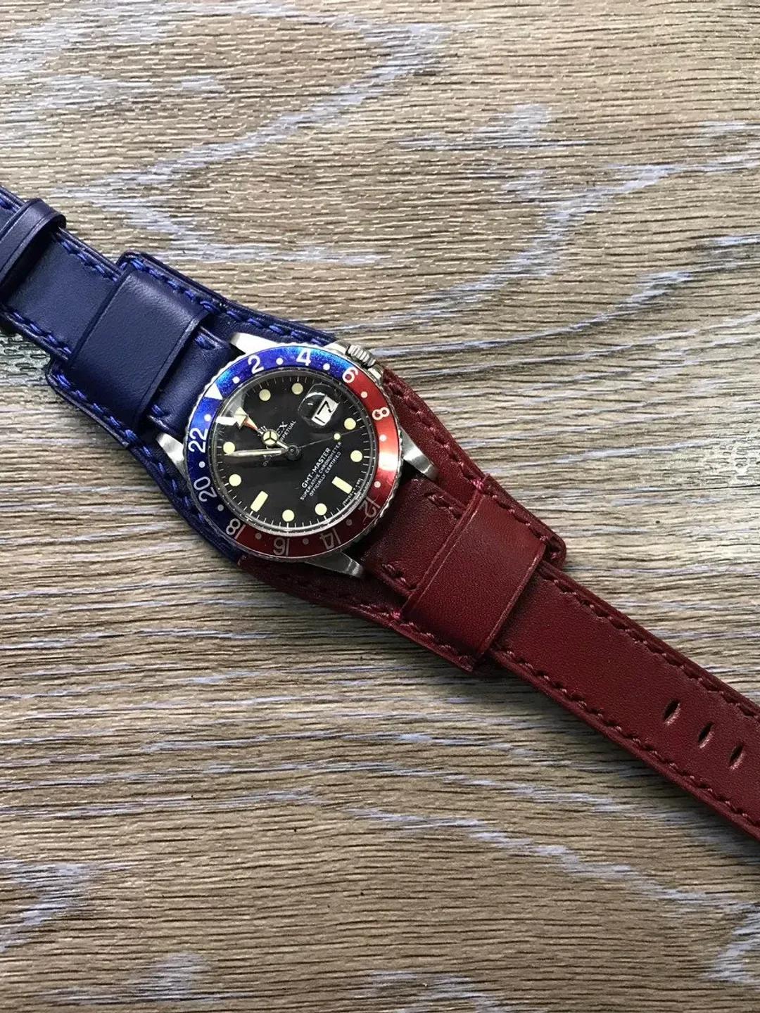 Leather Watch Straps, leather Bund Strap, watch strap 20mm, GMT Watch Strap, Blue/Red Watch Band, watch band 20mm, FREE SHIPPING